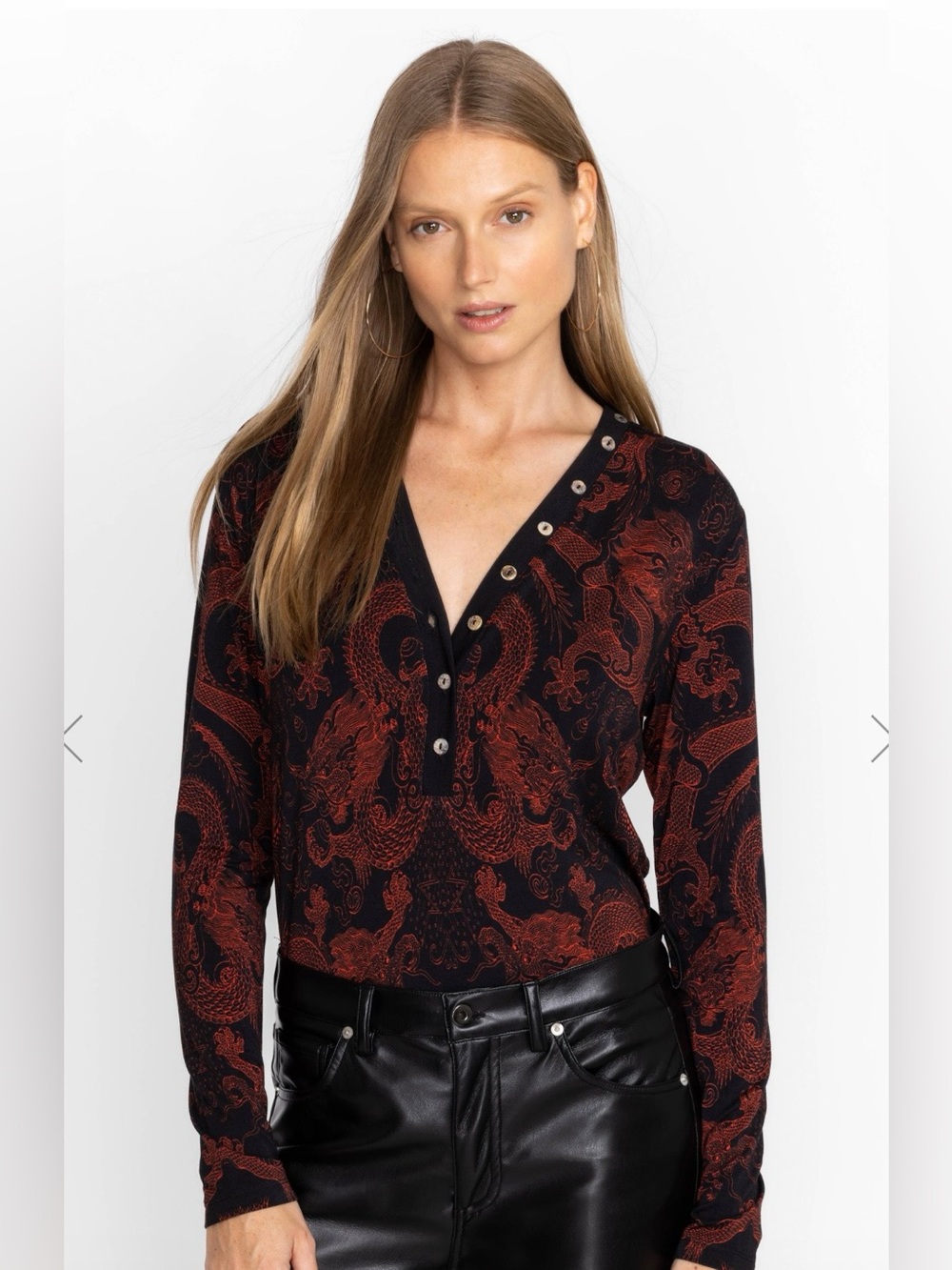 Johnny Was MAYLA BUTTON NECK L/S TEE Dragon Print Large